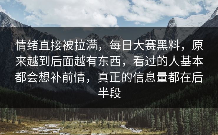 情绪直接被拉满，每日大赛黑料，原来越到后面越有东西，看过的人基本都会想补前情，真正的信息量都在后半段